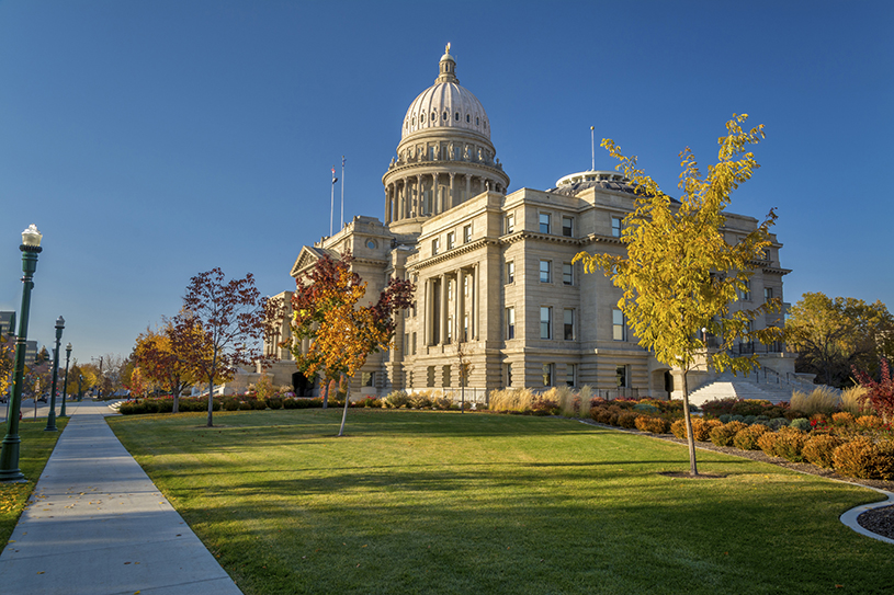 Idaho state capitol in the fall and sidewalk